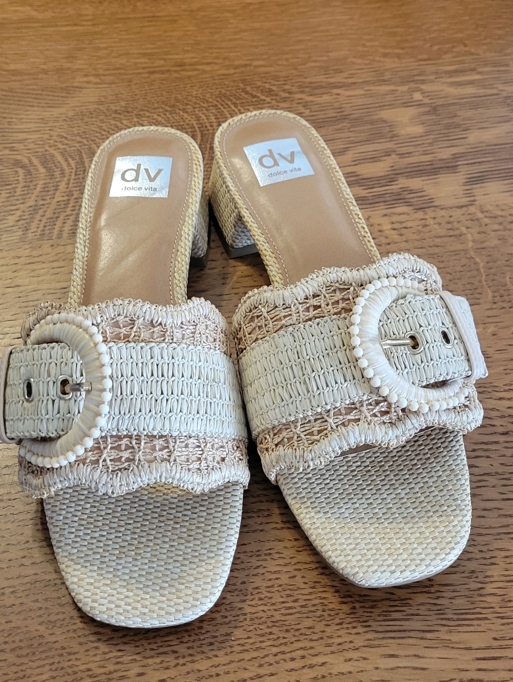DV Dolce Vita Nillz Buckle Slide Low Block Heel Sandal - natural raffia - Picture 8 of 13